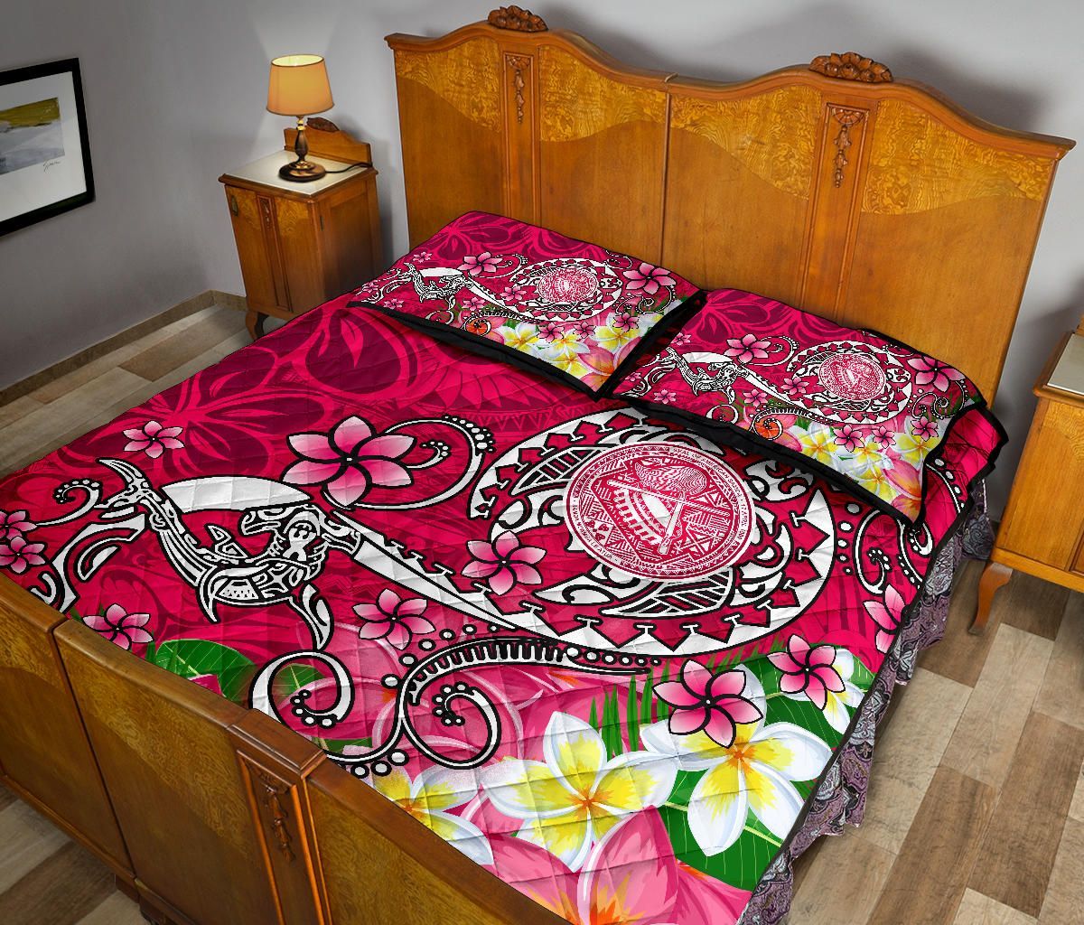 American Samoa Polynesian Quilt Bed Set - Turtle Plumeria (Pink)