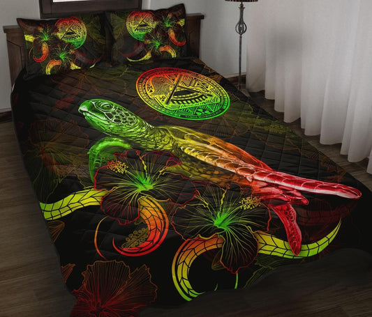 American Samoa Polynesian Quilt Bed Set - Turtle With Blooming Hibiscus Reggae