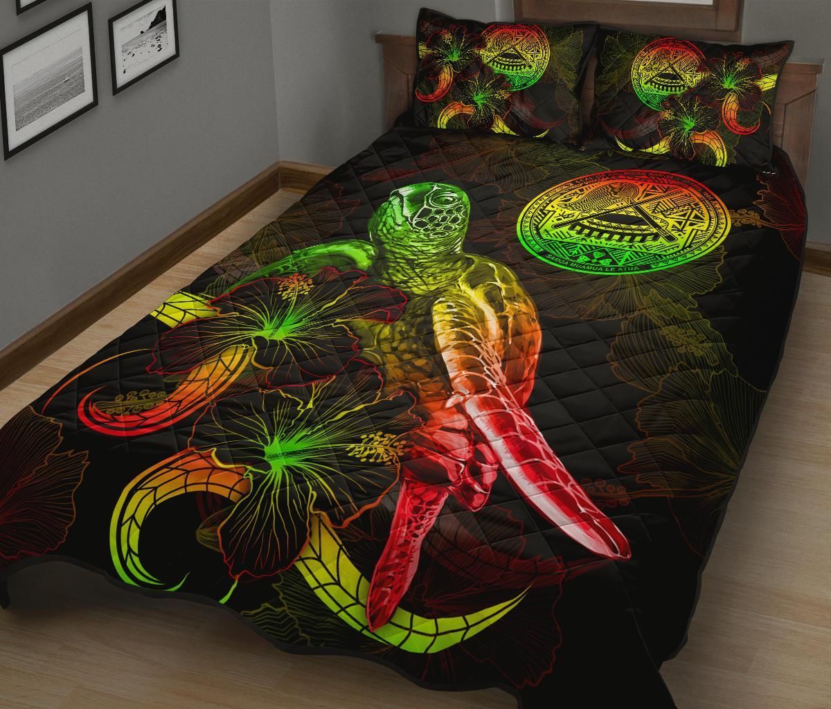 American Samoa Polynesian Quilt Bed Set - Turtle With Blooming Hibiscus Reggae