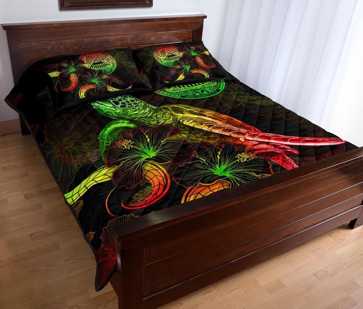 American Samoa Polynesian Quilt Bed Set - Turtle With Blooming Hibiscus Reggae