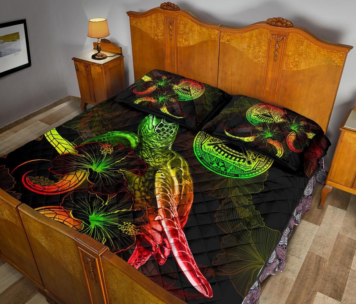 American Samoa Polynesian Quilt Bed Set - Turtle With Blooming Hibiscus Reggae