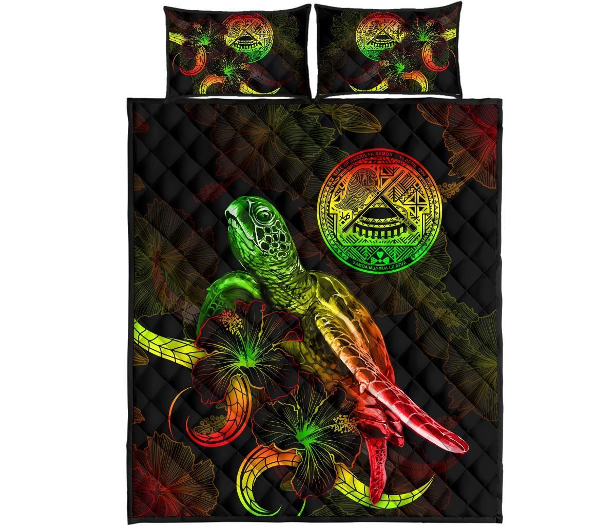 American Samoa Polynesian Quilt Bed Set - Turtle With Blooming Hibiscus Reggae