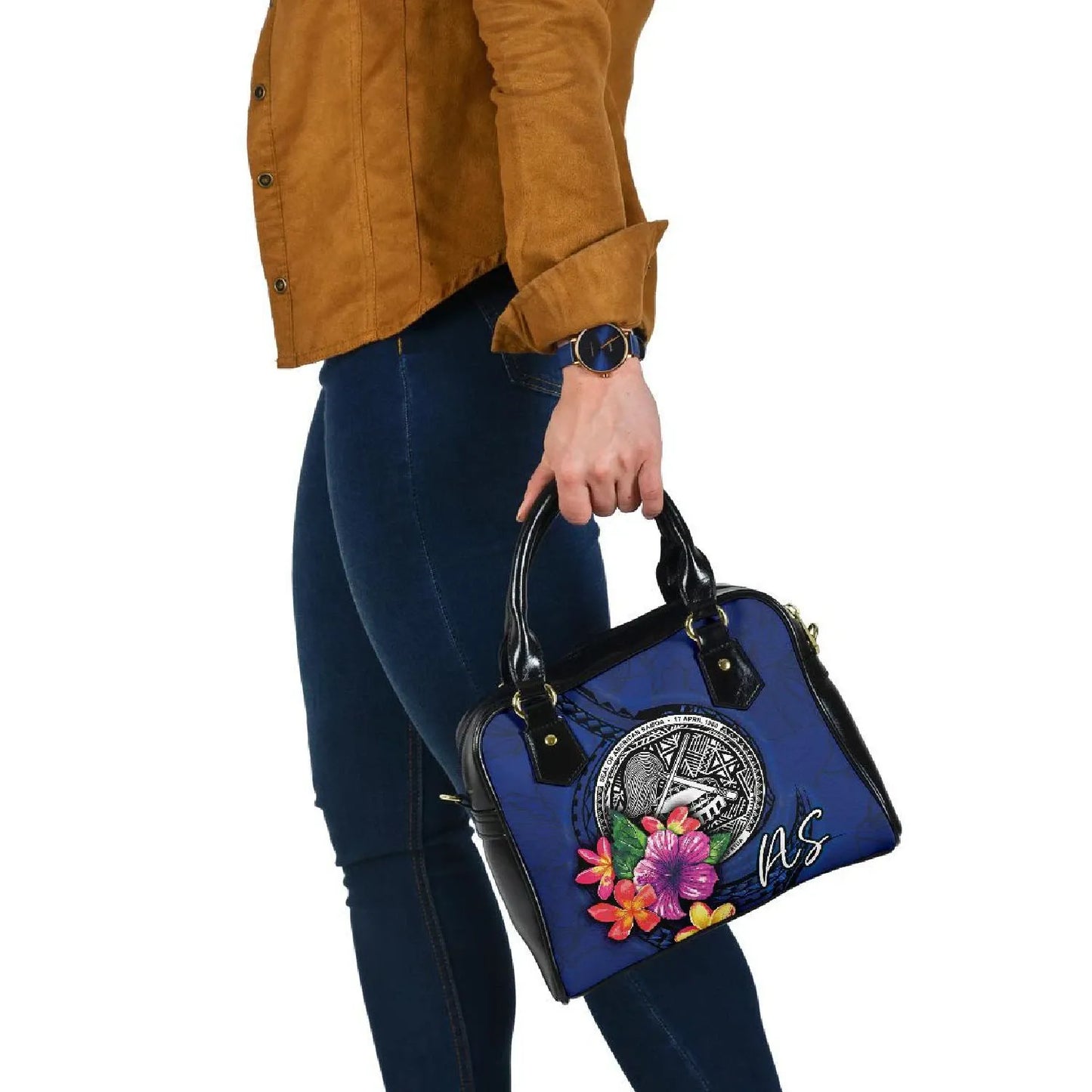 American Samoa Polynesian Shoulder Handbag - Floral With Seal Blue