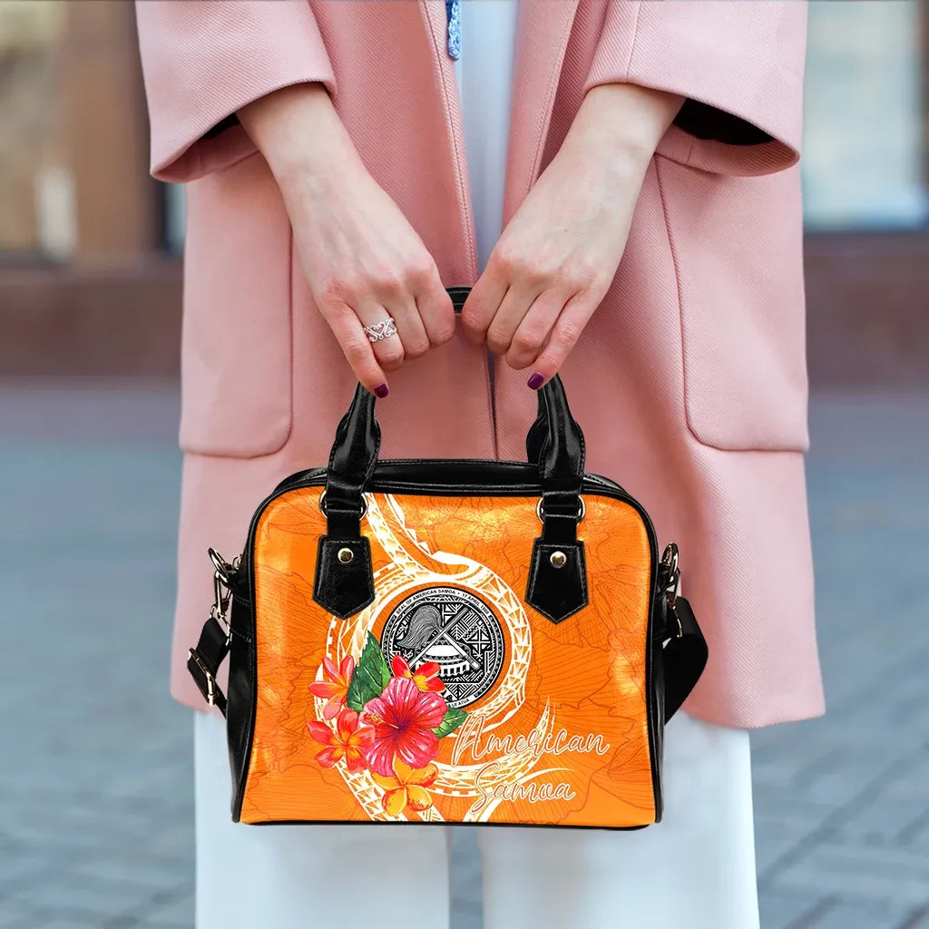 American Samoa Polynesian Shoulder Handbag - Orange Floral With Seal