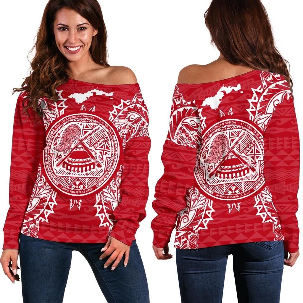 American Samoa Polynesian Shoulder Sweater Map Red White