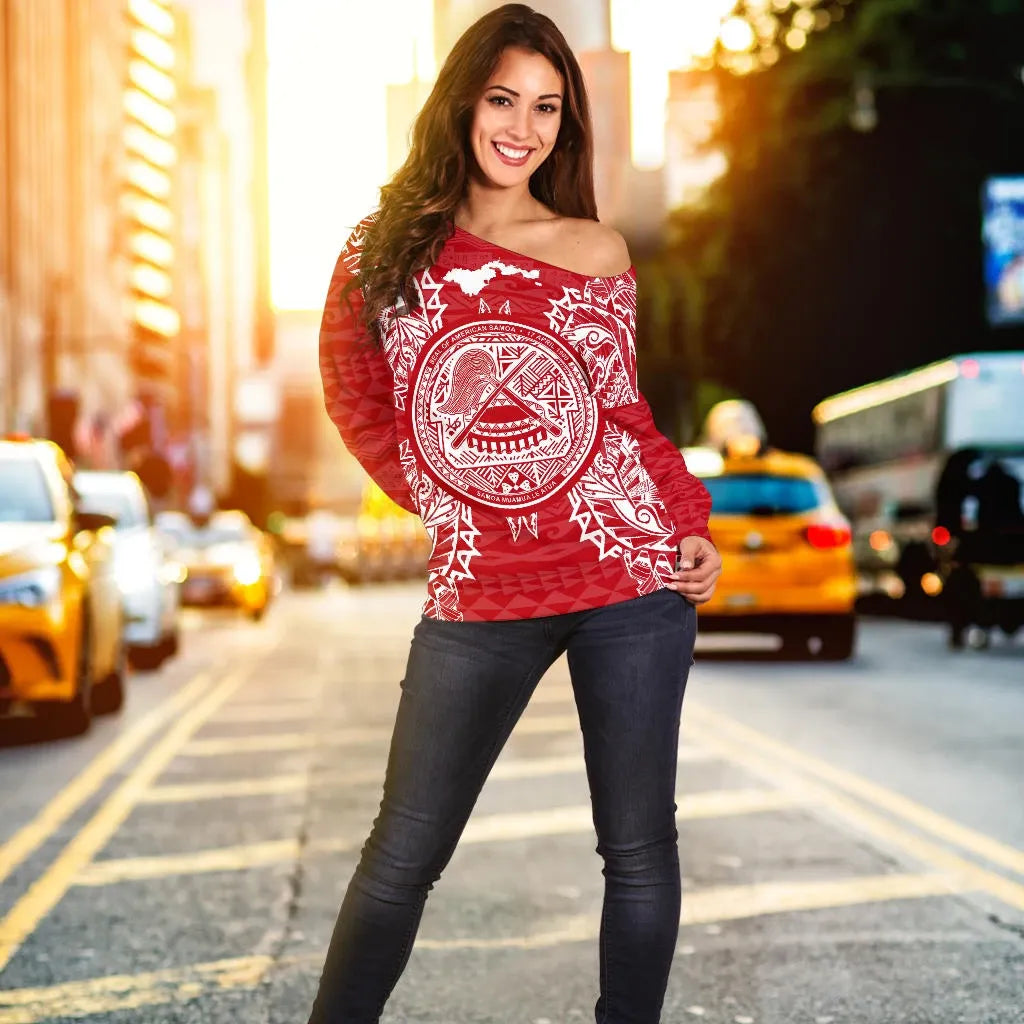 American Samoa Polynesian Shoulder Sweater Map Red White