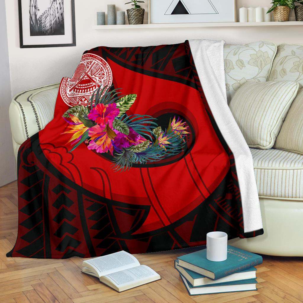 American Samoa Premium Blanket - Polynesian Hook And Hibiscus (Red)