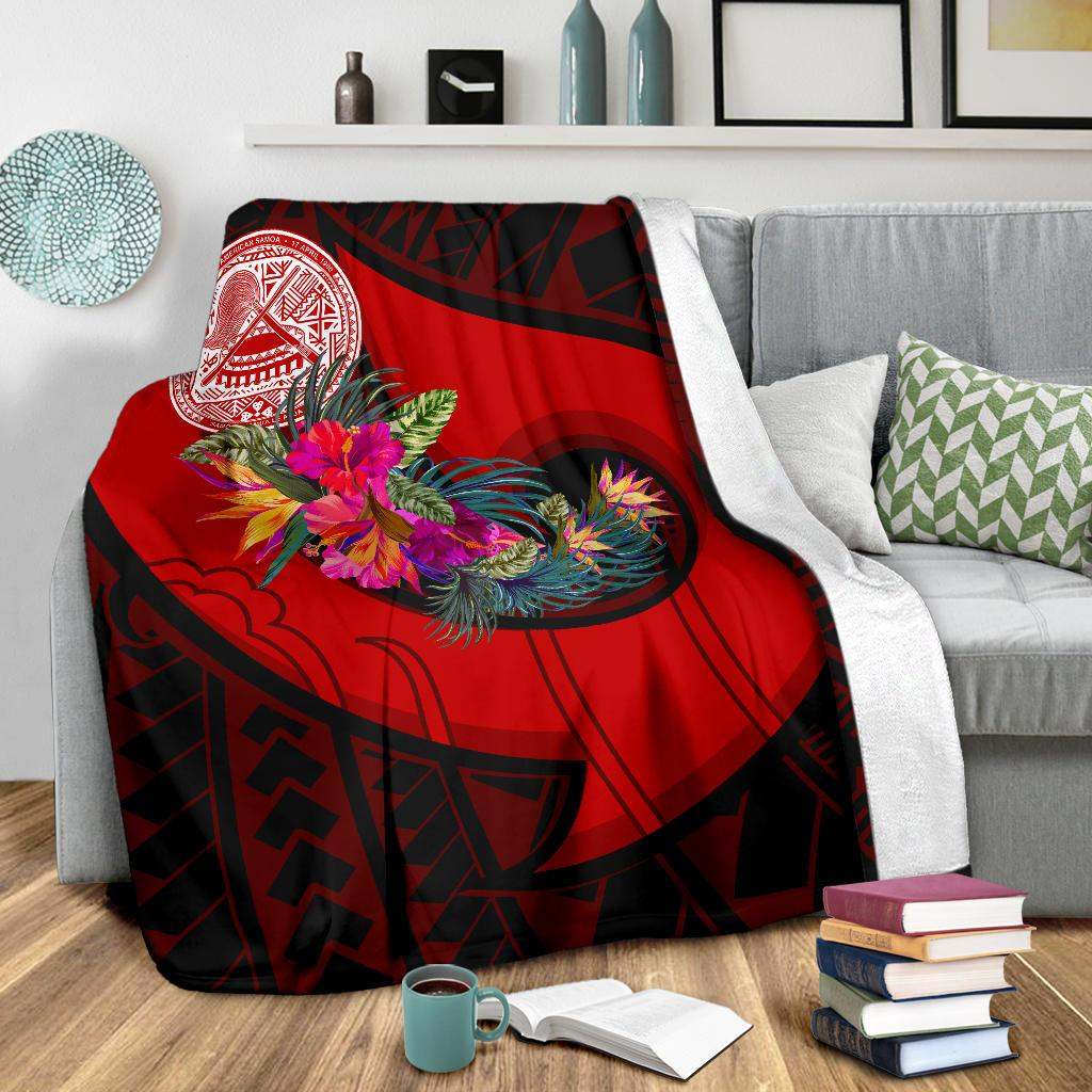 American Samoa Premium Blanket - Polynesian Hook And Hibiscus (Red)