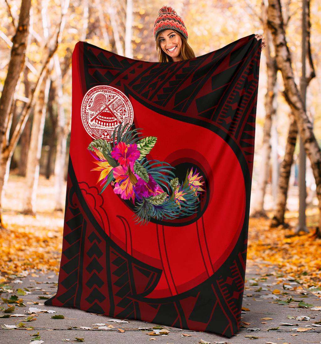 American Samoa Premium Blanket - Polynesian Hook And Hibiscus (Red)