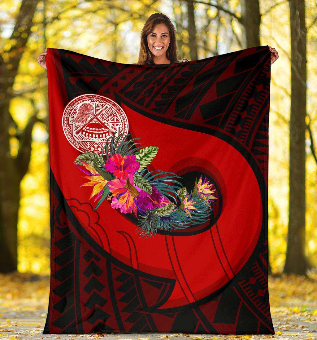 American Samoa Premium Blanket - Polynesian Hook And Hibiscus (Red)