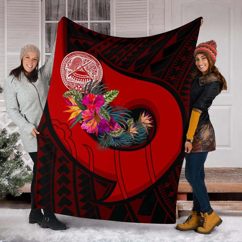 American Samoa Premium Blanket - Polynesian Hook And Hibiscus (Red)