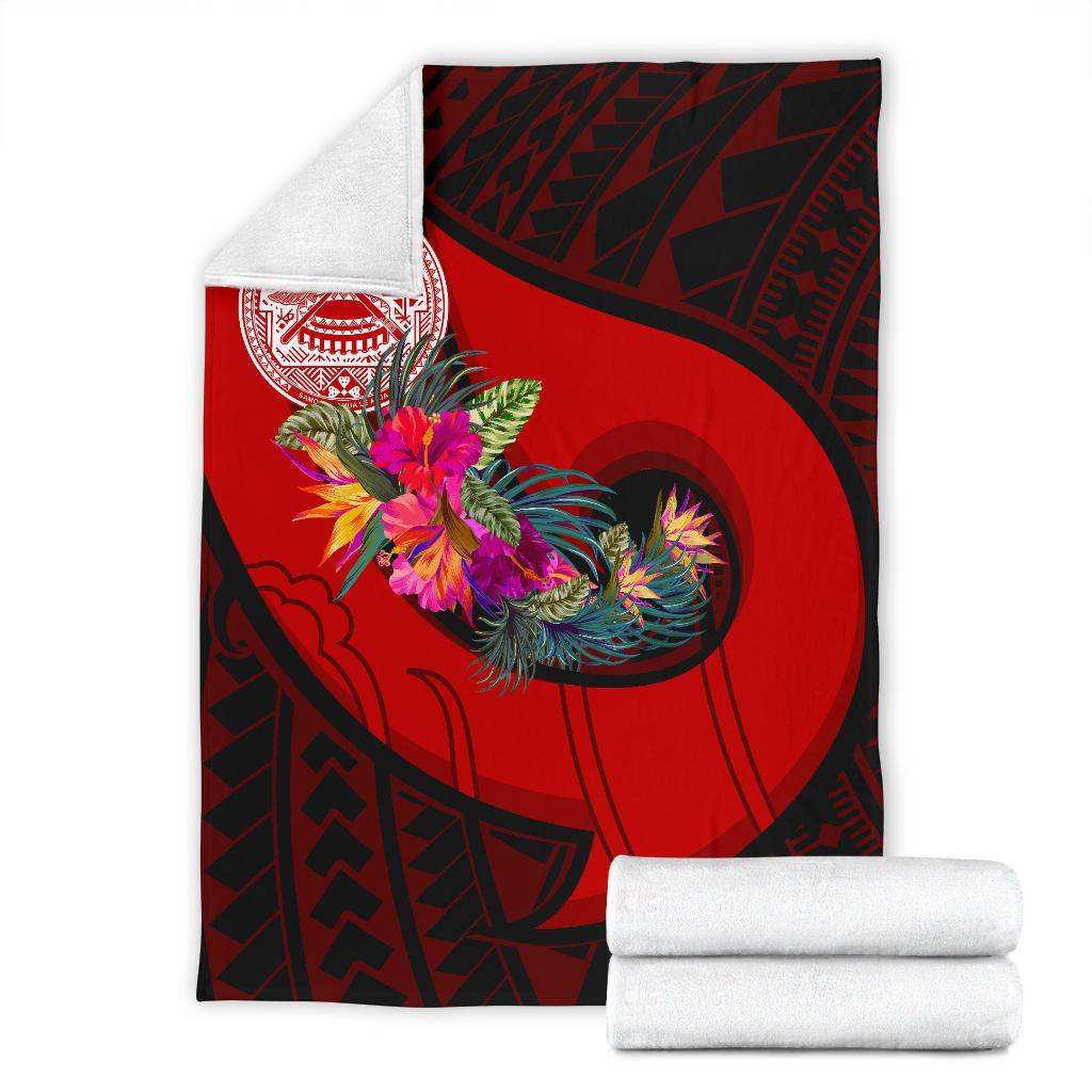 American Samoa Premium Blanket - Polynesian Hook And Hibiscus (Red)
