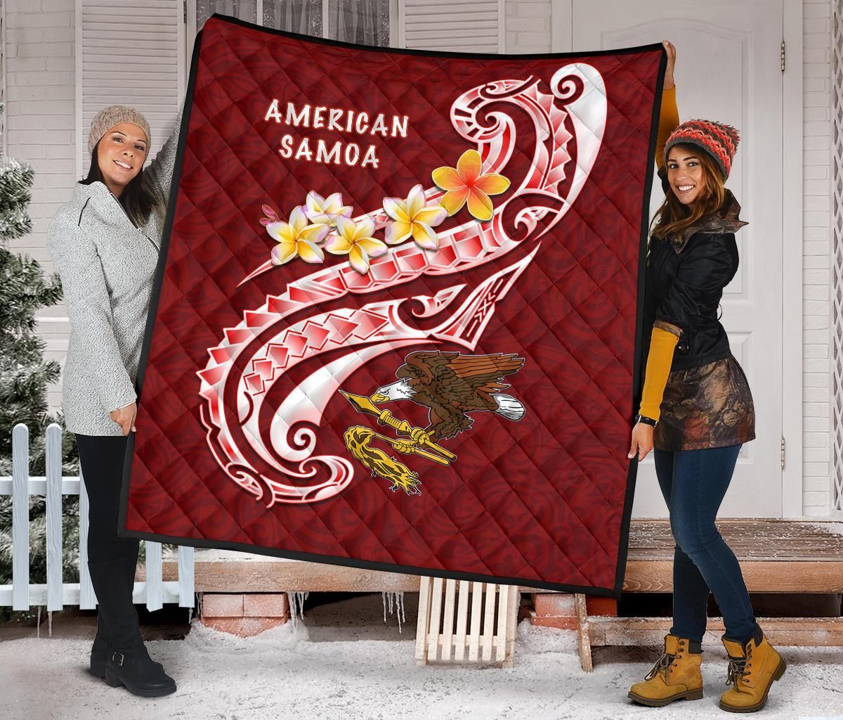 American Samoa Premium Quilt - AS Seal  Polynesian Patterns Plumeria