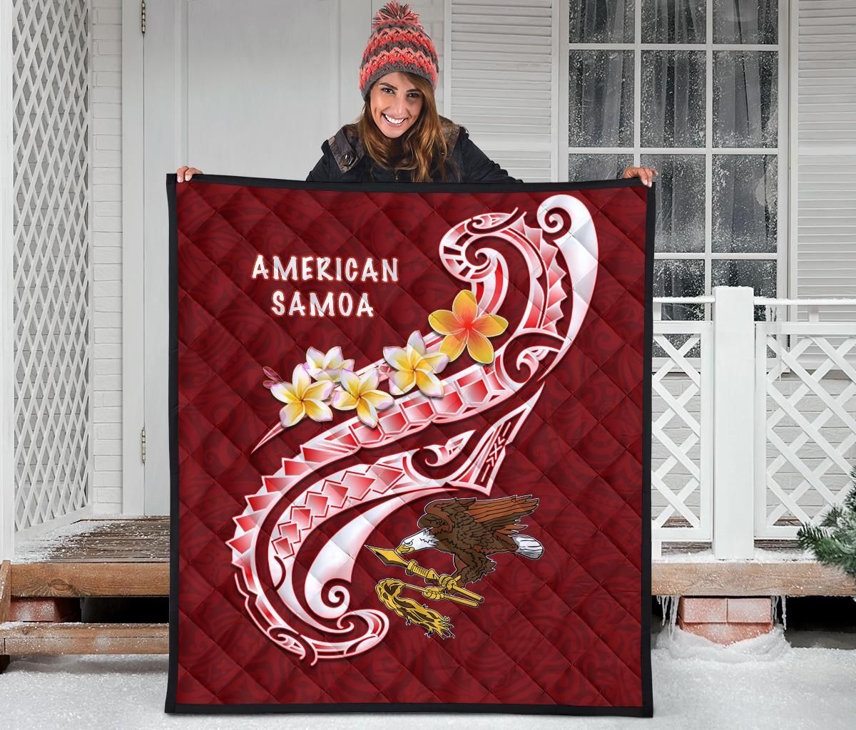 American Samoa Premium Quilt - AS Seal  Polynesian Patterns Plumeria