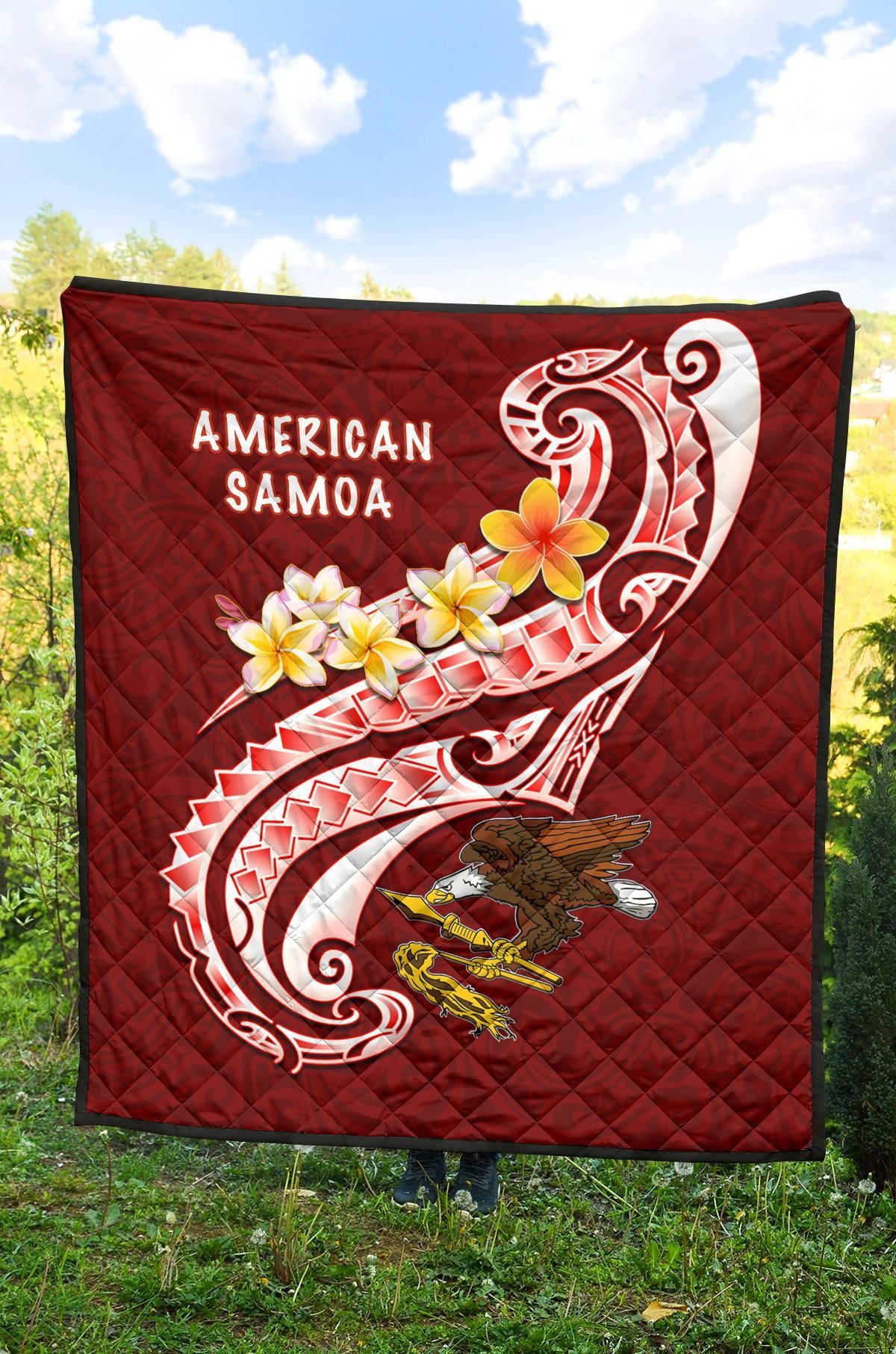 American Samoa Premium Quilt - AS Seal  Polynesian Patterns Plumeria