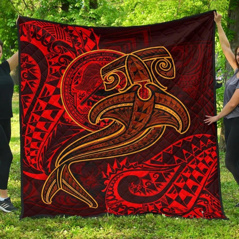 American Samoa Premium Quilt - Red Shark Polynesian Tattoo