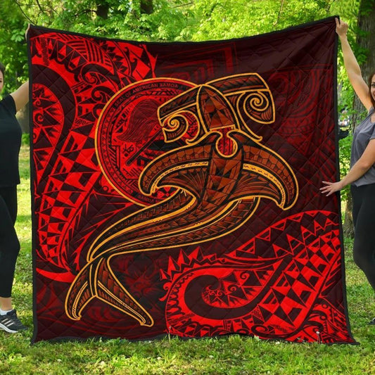 American Samoa Premium Quilt - Red Shark Polynesian Tattoo