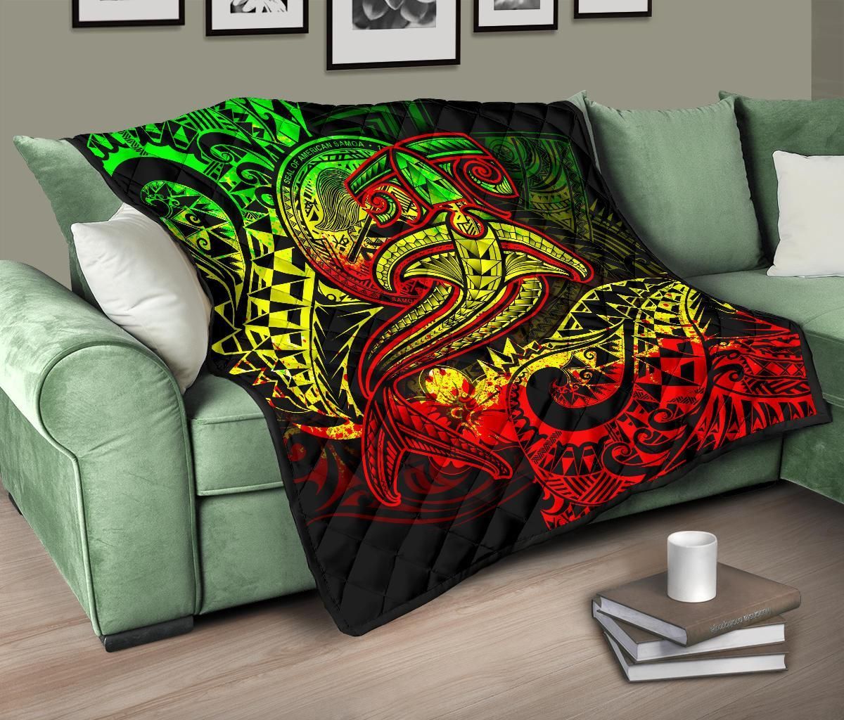 American Samoa Premium Quilt - Reggae Shark Polynesian Tattoo