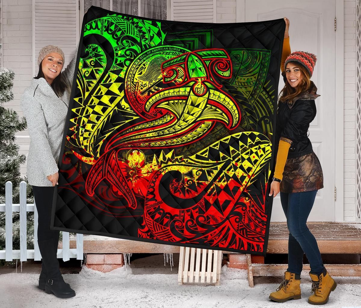 American Samoa Premium Quilt - Reggae Shark Polynesian Tattoo