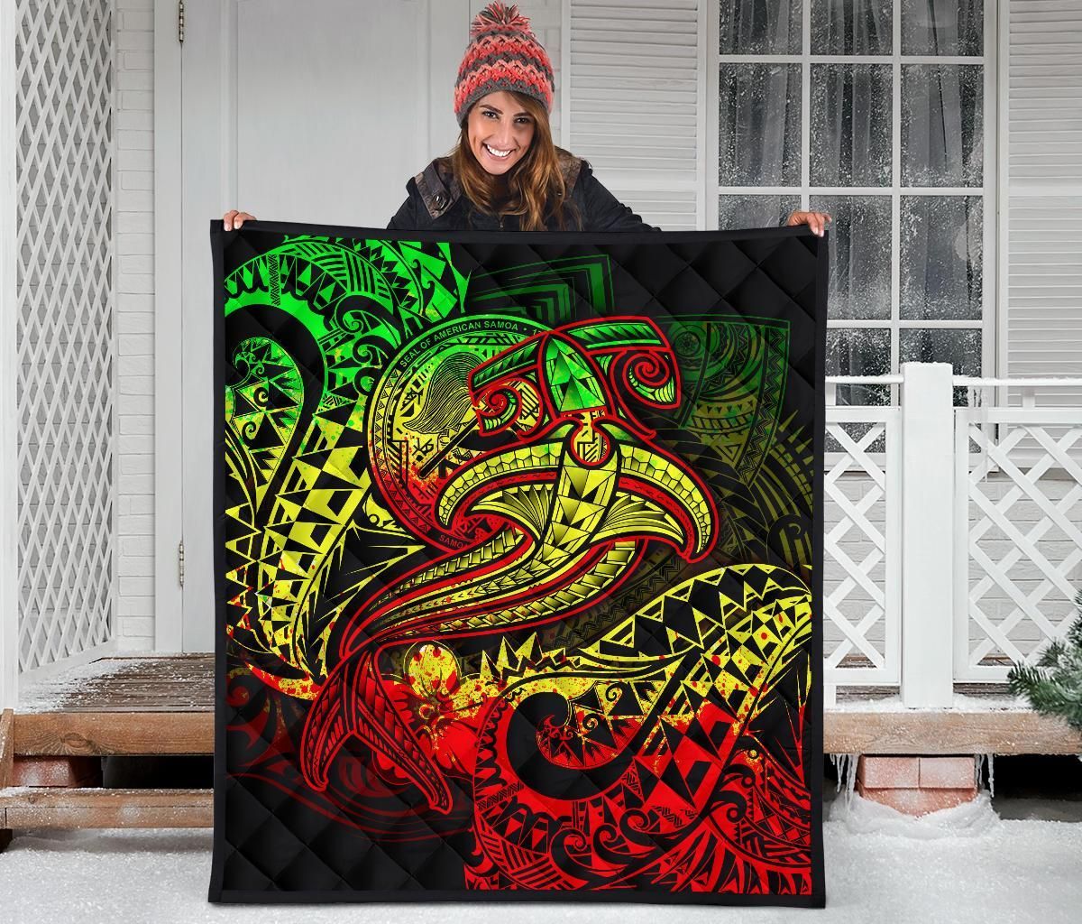 American Samoa Premium Quilt - Reggae Shark Polynesian Tattoo