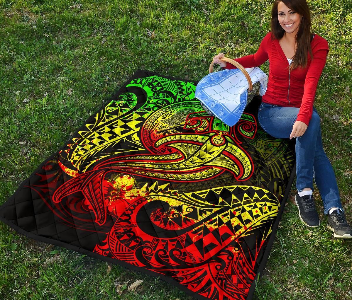 American Samoa Premium Quilt - Reggae Shark Polynesian Tattoo