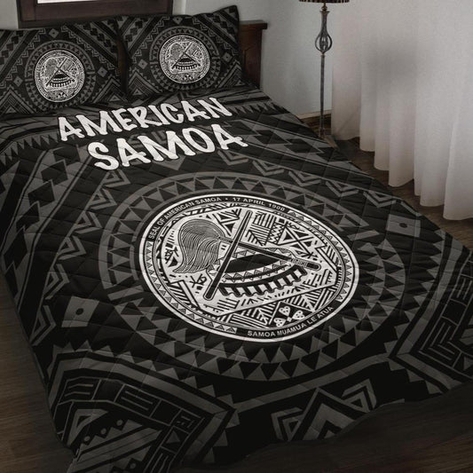American Samoa Quilt Bed Set - Seal In Polynesian Tattoo Style ( Black)