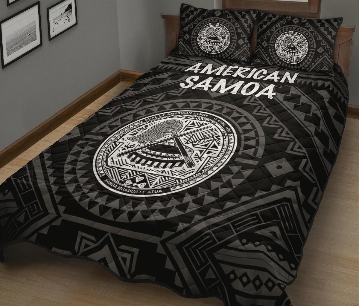 American Samoa Quilt Bed Set - Seal In Polynesian Tattoo Style ( Black)