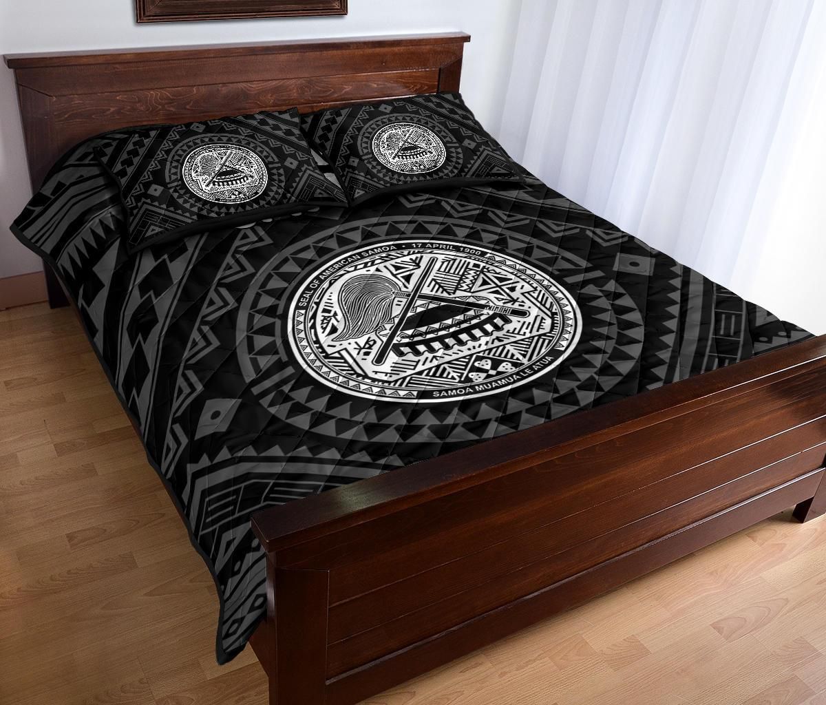 American Samoa Quilt Bed Set - Seal In Polynesian Tattoo Style ( Black)