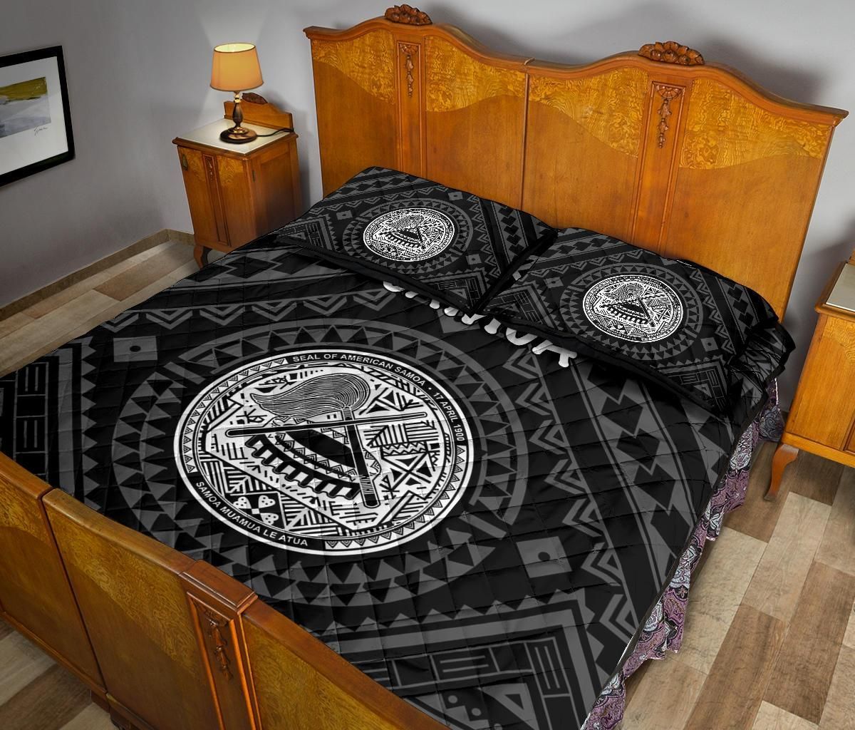 American Samoa Quilt Bed Set - Seal In Polynesian Tattoo Style ( Black)
