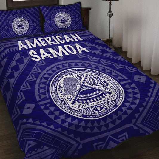 American Samoa Quilt Bed Set - Seal In Polynesian Tattoo Style ( Blue)
