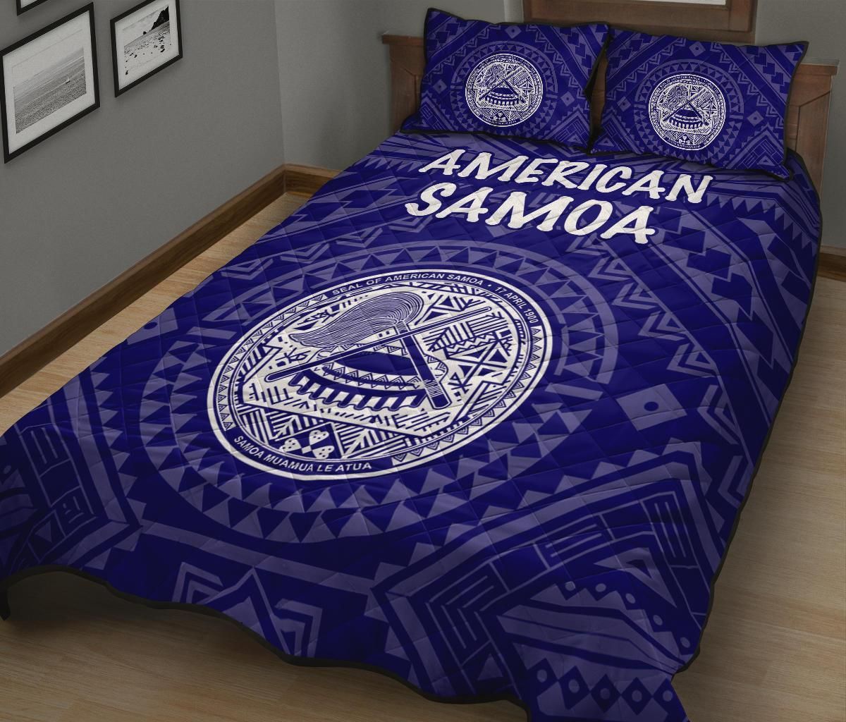 American Samoa Quilt Bed Set - Seal In Polynesian Tattoo Style ( Blue)