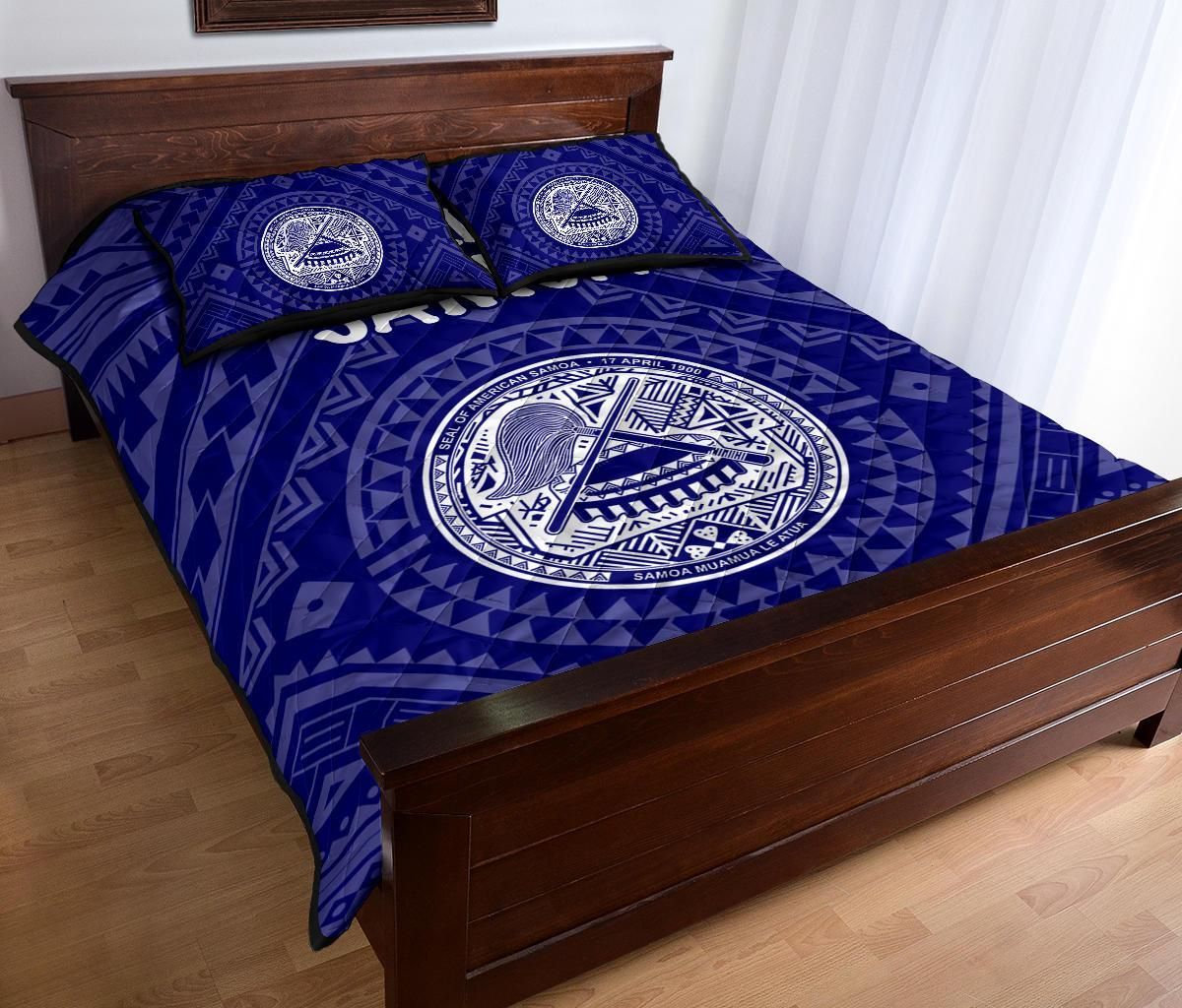 American Samoa Quilt Bed Set - Seal In Polynesian Tattoo Style ( Blue)