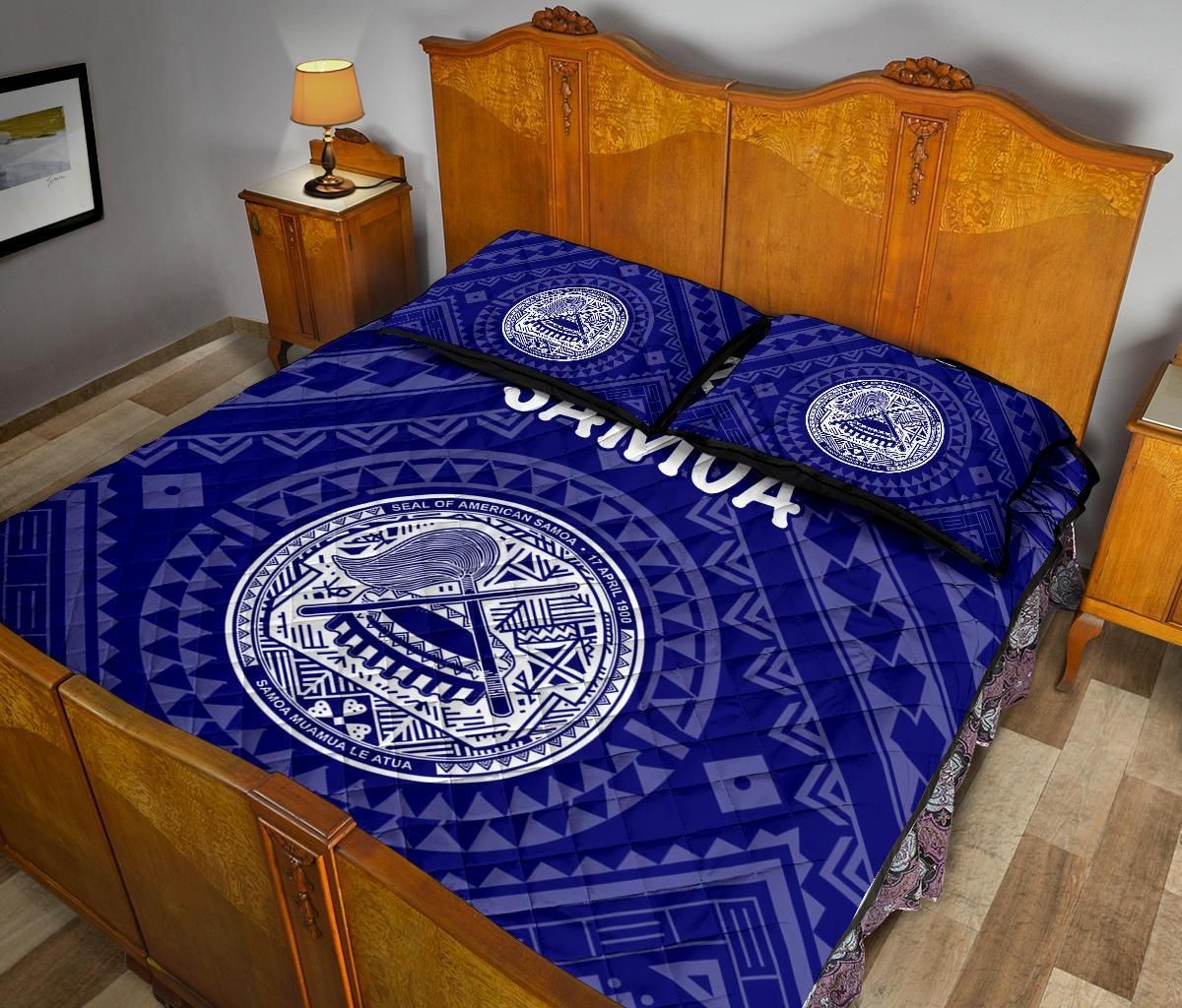 American Samoa Quilt Bed Set - Seal In Polynesian Tattoo Style ( Blue)