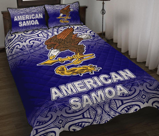 American Samoa Quilt Bed Set - American Samoa Flag Polynesian Tattoo Blue Frog