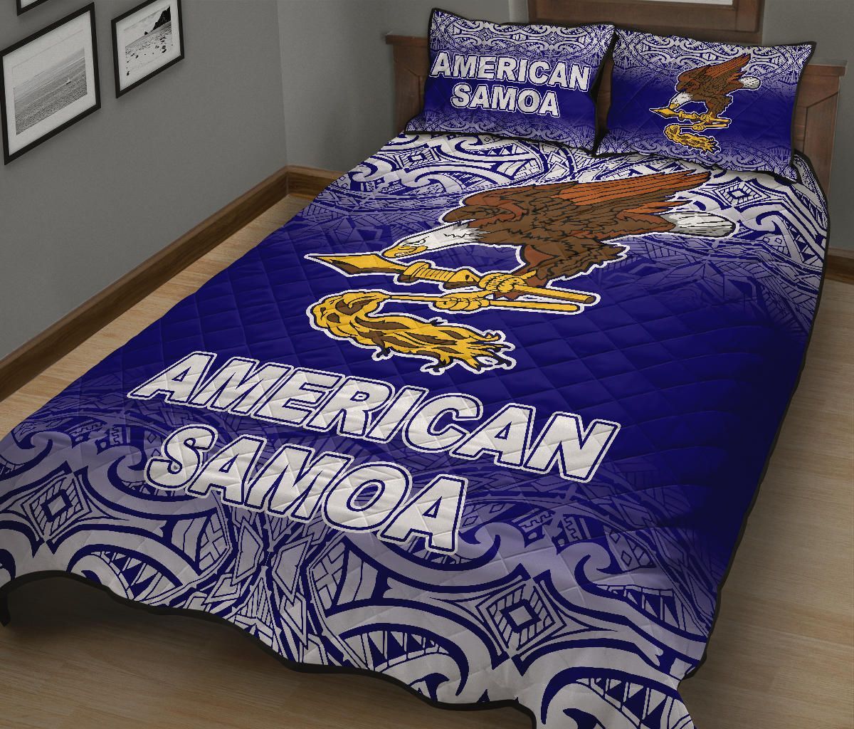 American Samoa Quilt Bed Set - American Samoa Flag Polynesian Tattoo Blue Frog