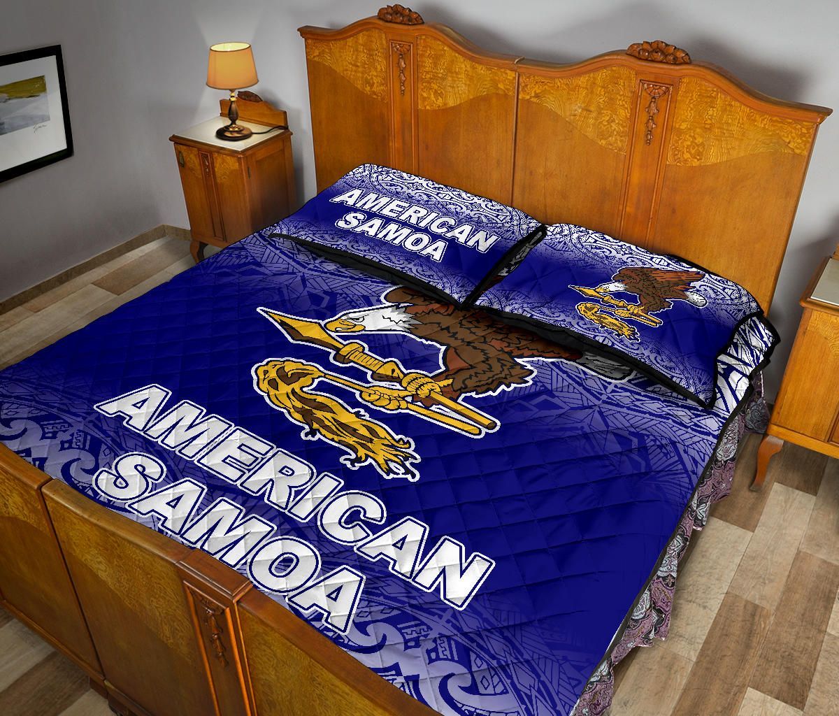 American Samoa Quilt Bed Set - American Samoa Flag Polynesian Tattoo Blue Frog