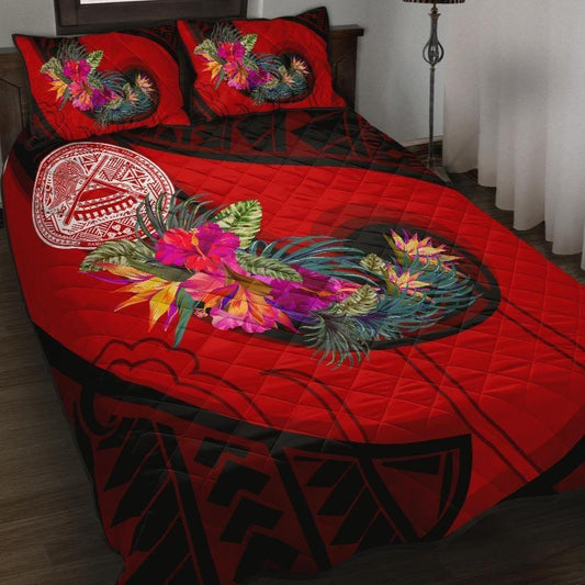 American Samoa Quilt Bed Set - Polynesian Hook And Hibiscus (Red)