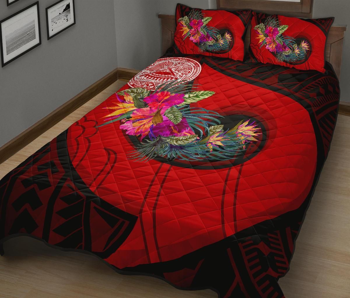 American Samoa Quilt Bed Set - Polynesian Hook And Hibiscus (Red)