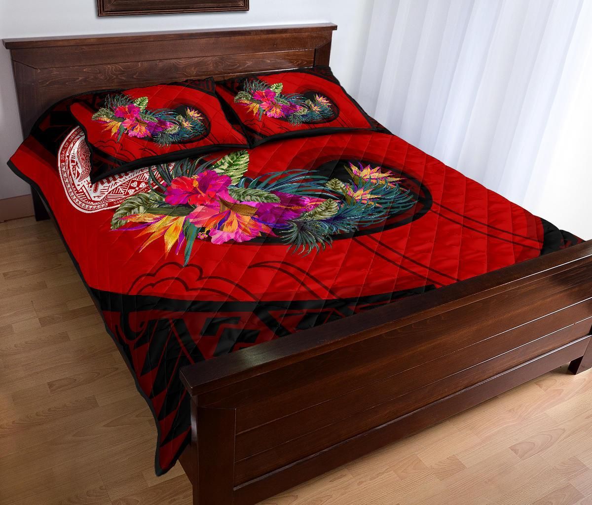 American Samoa Quilt Bed Set - Polynesian Hook And Hibiscus (Red)