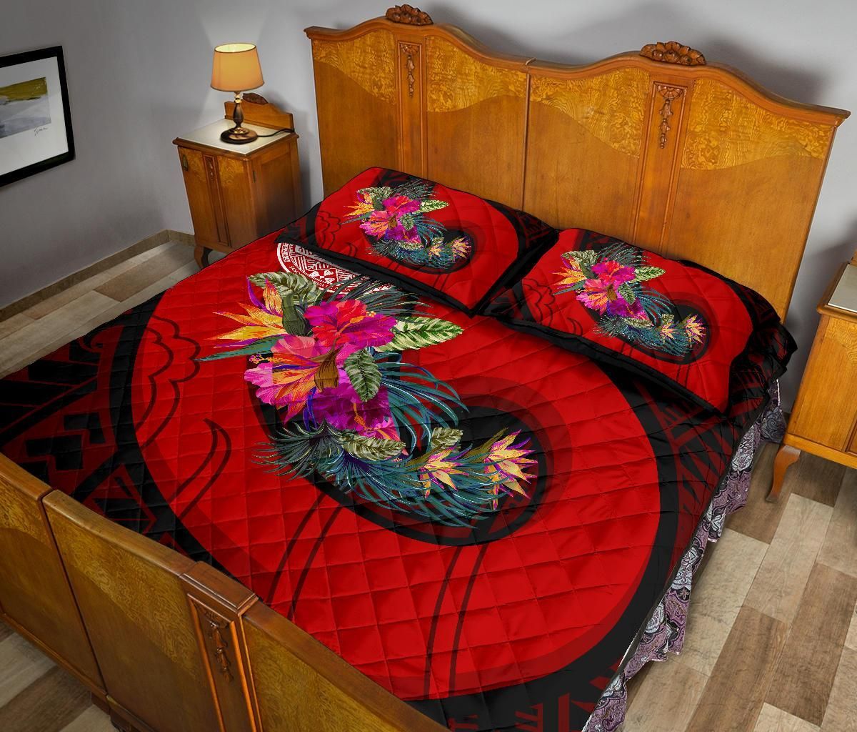 American Samoa Quilt Bed Set - Polynesian Hook And Hibiscus (Red)