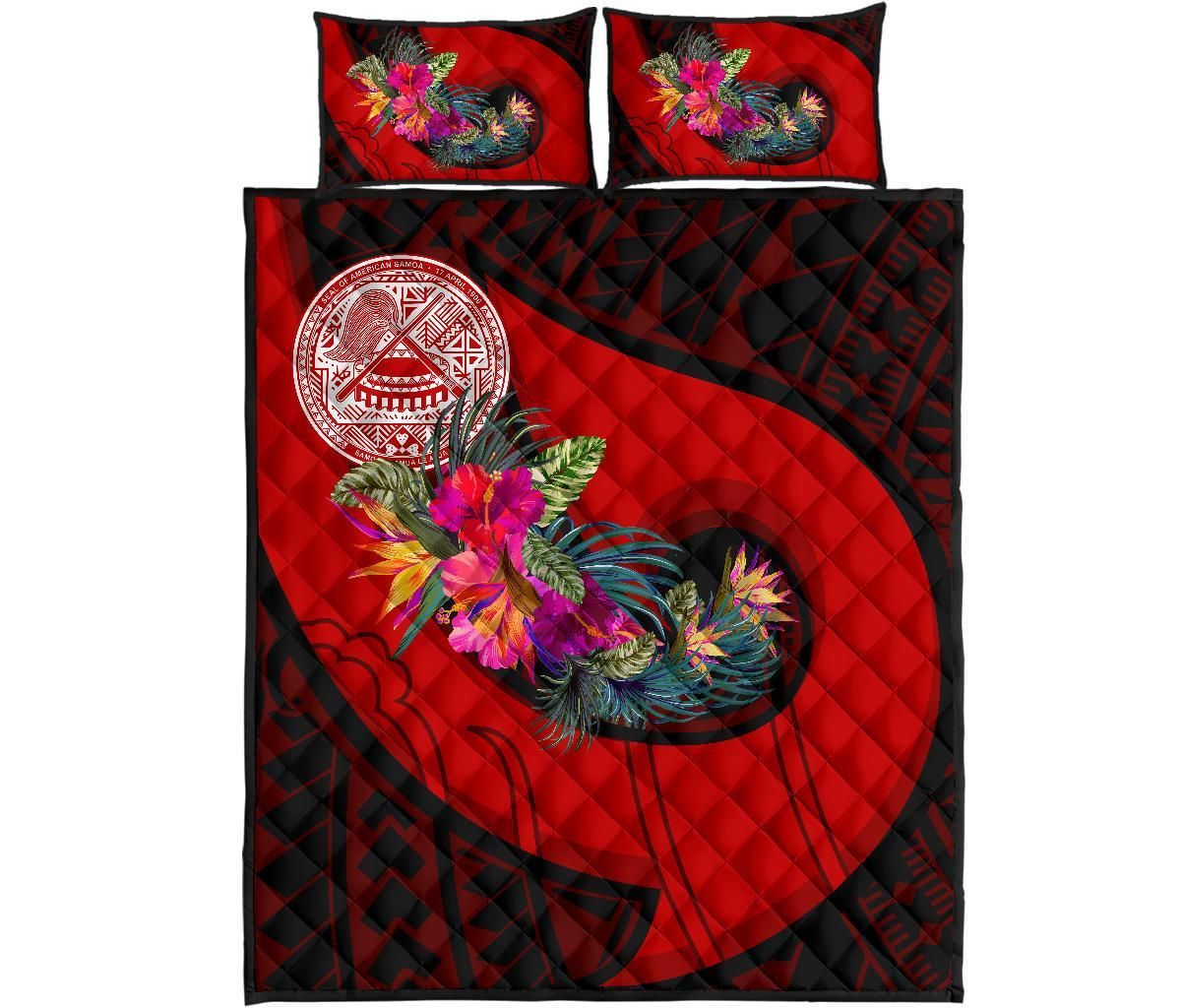 American Samoa Quilt Bed Set - Polynesian Hook And Hibiscus (Red)
