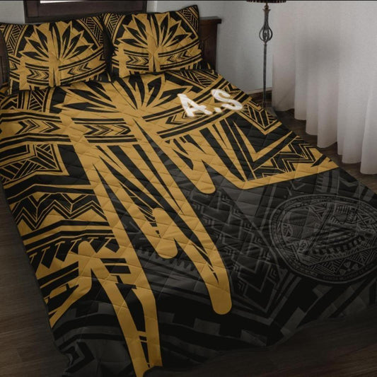 American Samoa Quilt Bed Set - Seal With Polynesian Pattern Heartbeat Style (Gold)