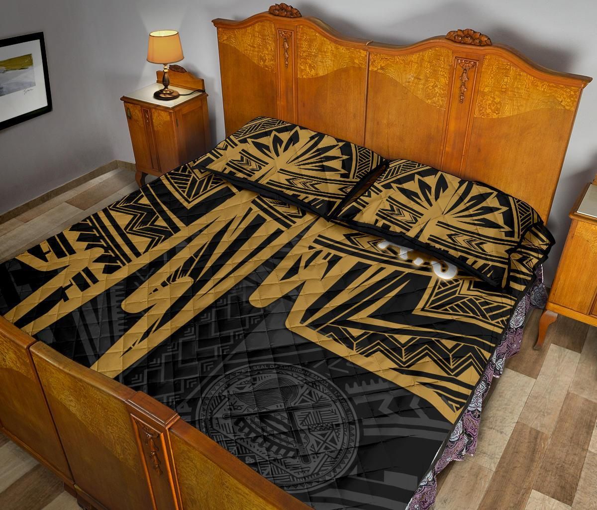 American Samoa Quilt Bed Set - Seal With Polynesian Pattern Heartbeat Style (Gold)