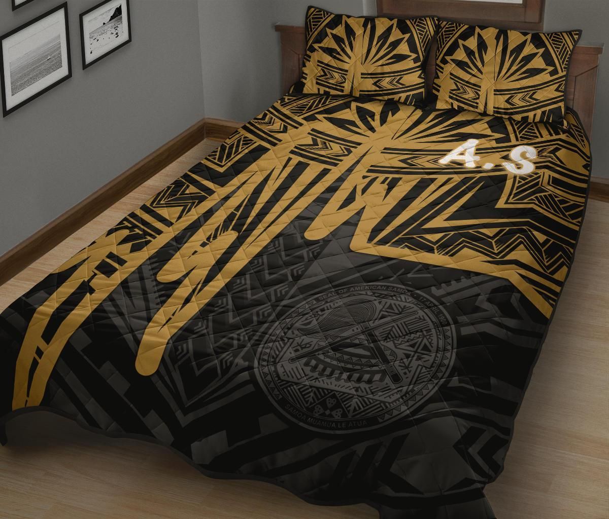 American Samoa Quilt Bed Set - Seal With Polynesian Pattern Heartbeat Style (Gold)