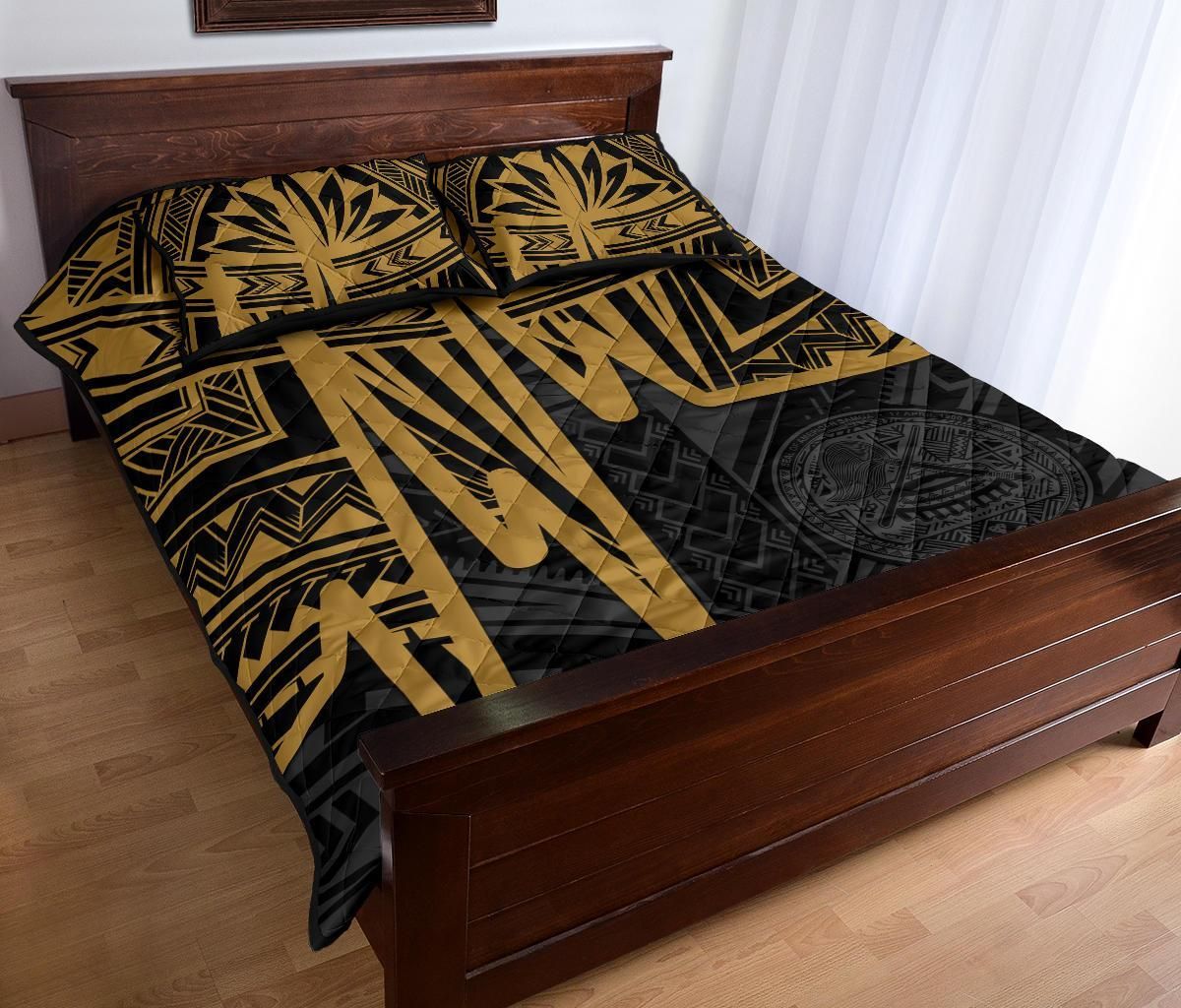 American Samoa Quilt Bed Set - Seal With Polynesian Pattern Heartbeat Style (Gold)