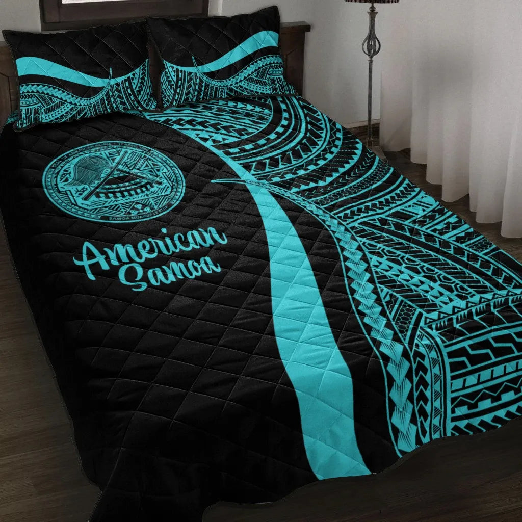 American Samoa Quilt Bed Set - Turquoise Polynesian Tentacle Tribal Pattern