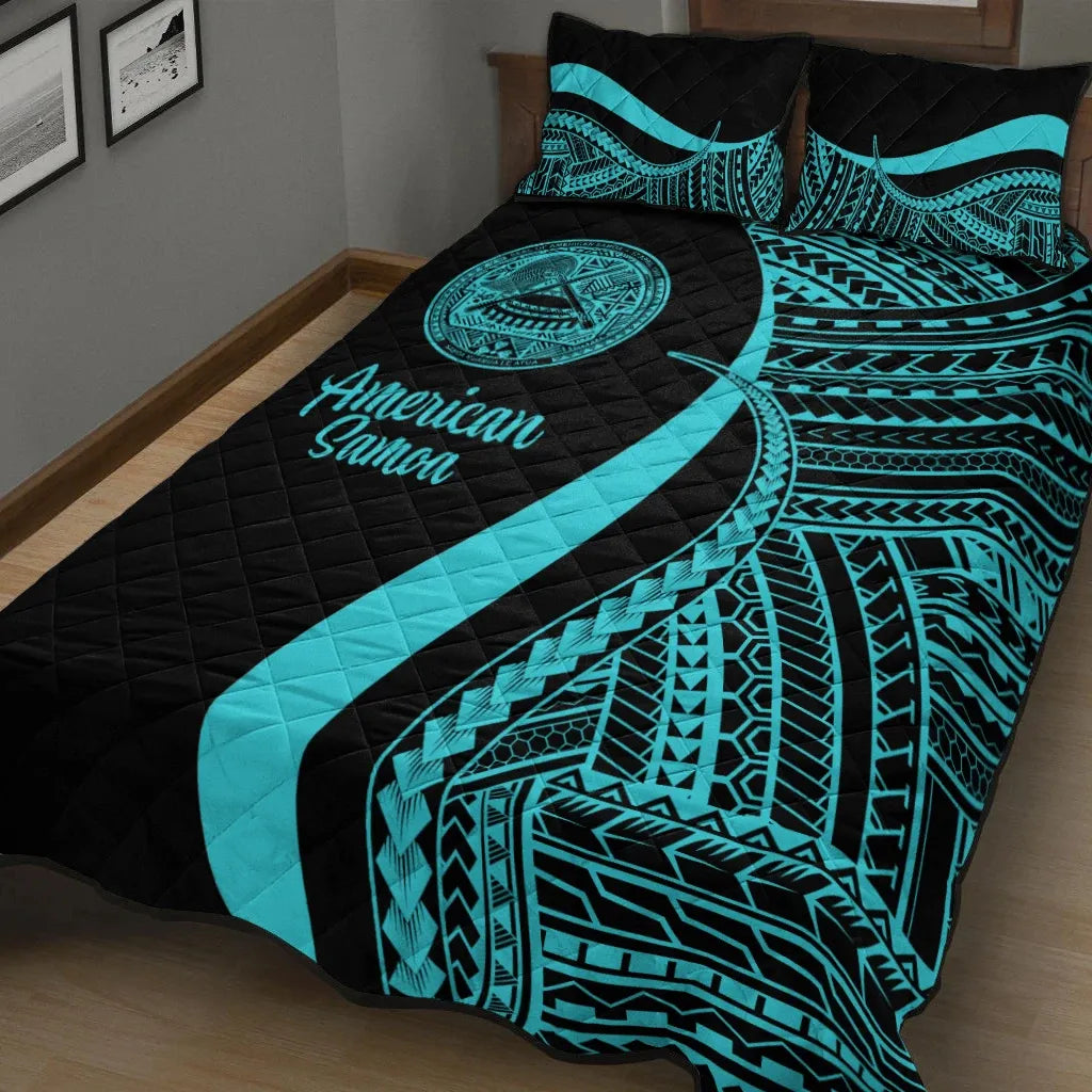 American Samoa Quilt Bed Set - Turquoise Polynesian Tentacle Tribal Pattern