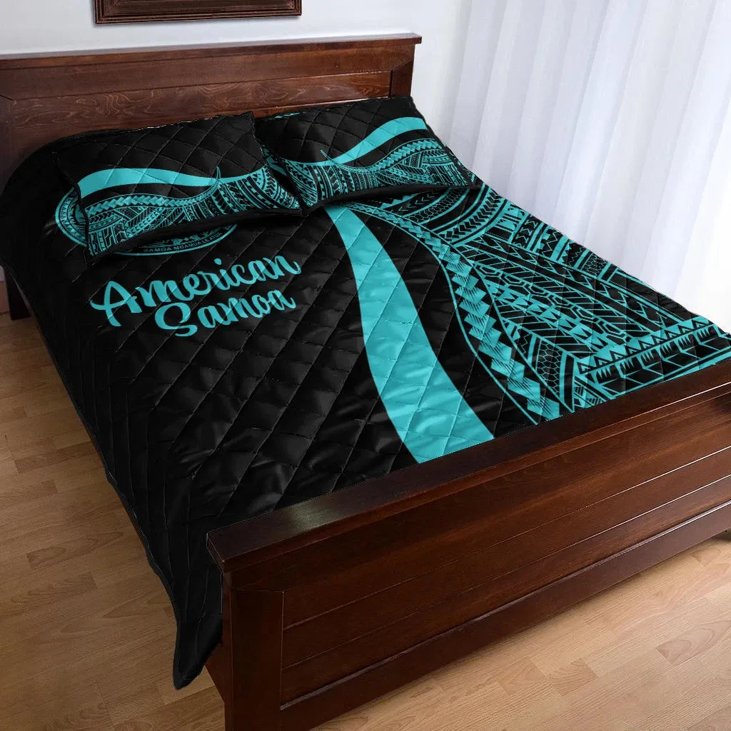 American Samoa Quilt Bed Set - Turquoise Polynesian Tentacle Tribal Pattern