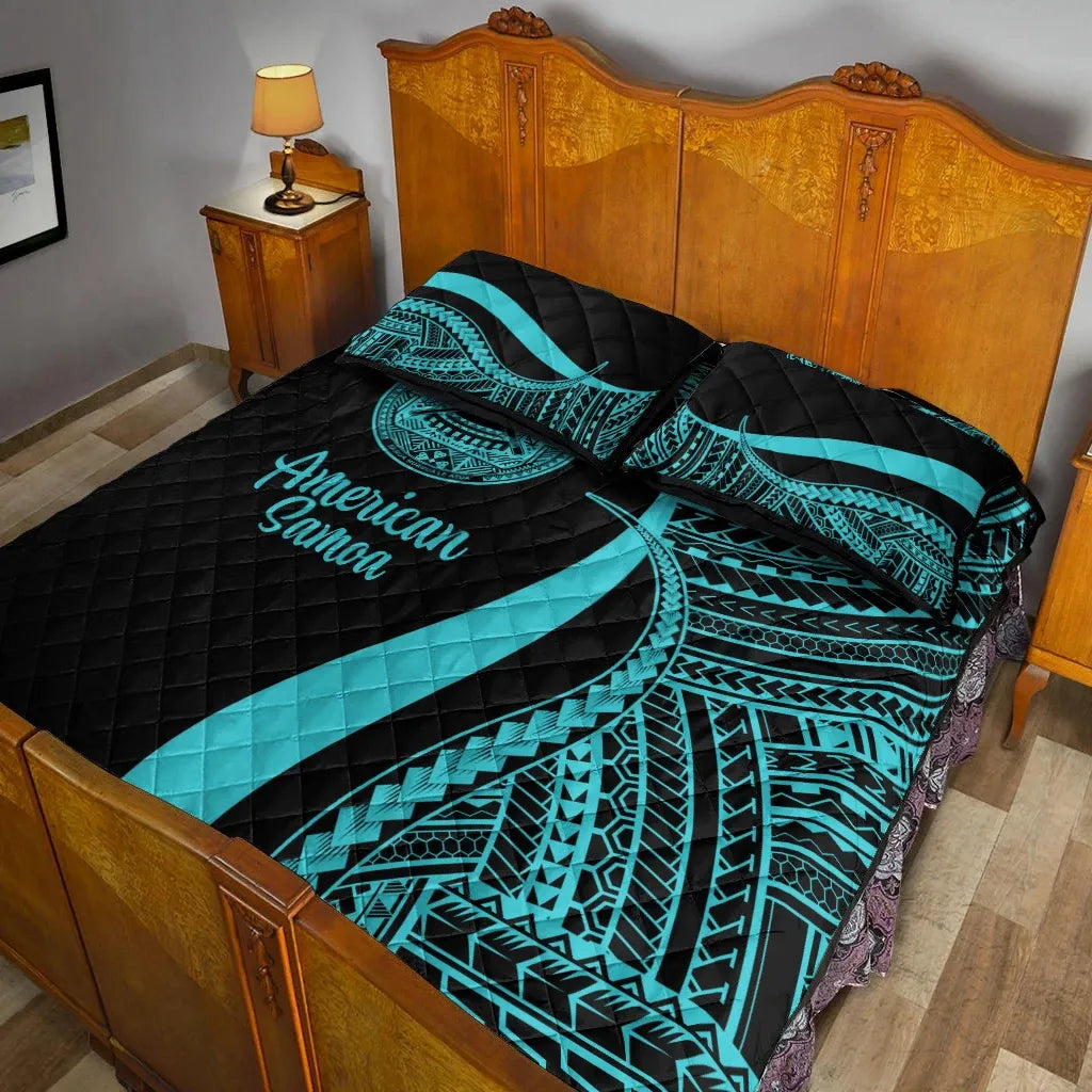 American Samoa Quilt Bed Set - Turquoise Polynesian Tentacle Tribal Pattern