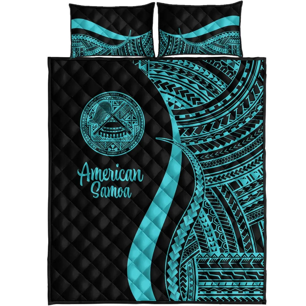 American Samoa Quilt Bed Set - Turquoise Polynesian Tentacle Tribal Pattern